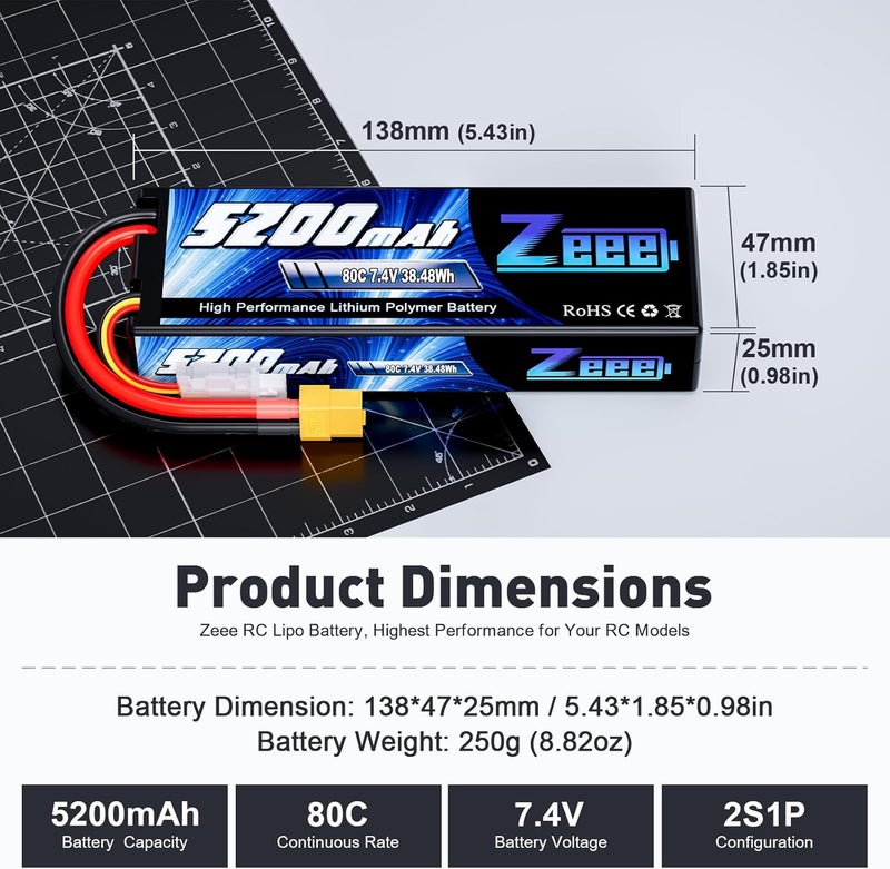 Zeee 2S 5200mAh Lipo Battery 7.4V 80C Battery with XT60 Plug Hard Case for 1/8 1/10 RC Vehicles Car Slash RC Buggy Truggy Airplane UAV Drone(2 Packs) - Image 2